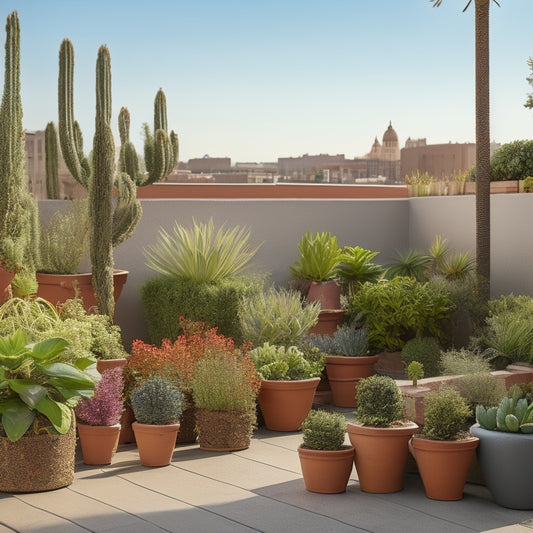 A serene rooftop garden in a hot climate, featuring a mix of succulents and flowering plants in terracotta pots, with a trellis providing shade, surrounded by a low wall with a cityscape in the background.