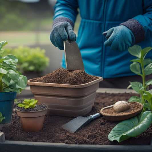 An illustration of a person wearing gloves, holding a small trowel and standing in front of a block planter filled with steaming hot soil, with a thermometer and a gardening tool nearby.