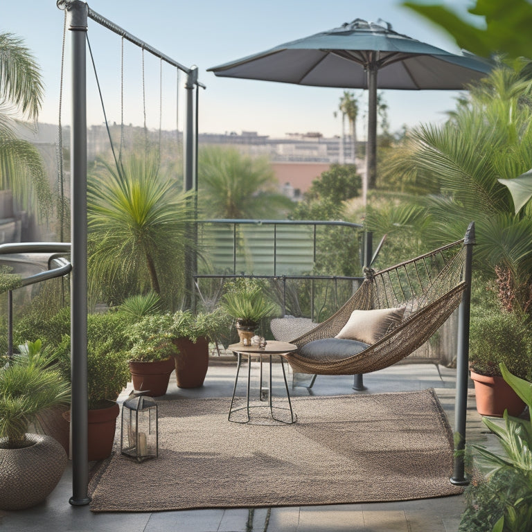 A serene rooftop scene with a small potted palm tree, a hammock slung between two metal railings, and a tiny outdoor coffee table with two mismatched chairs, surrounded by lush greenery.