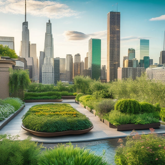 A serene rooftop garden with lush greenery, vibrant flowers, and a tranquil water feature, surrounded by a bustling cityscape with sleek skyscrapers and busy streets in the background.