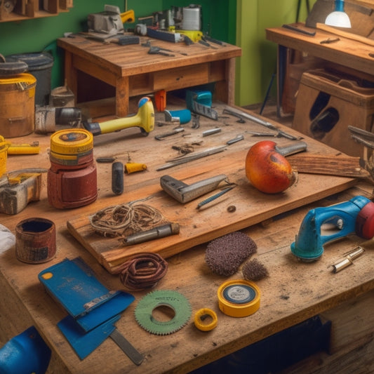 A cluttered workshop table with a half-assembled planter, surrounded by various tools like a circular saw, drill, measuring tape, and a level, with wooden planks and screws scattered around.