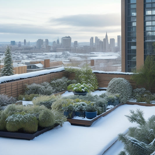 A snow-covered rooftop with a thriving winter garden, featuring evergreen shrubs, succulents, and cold-hardy flowers in raised beds, surrounded by wooden planters and trellises, with a blurred cityscape in the background.