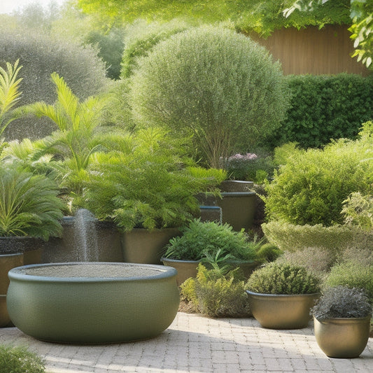 A serene backyard scene with various planters and pots of lush greenery, surrounded by a network of subtle, efficient irrigation systems, including drips, sprinklers, and soaker hoses, on a warm sunny day.