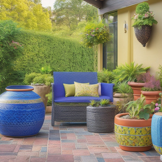 A vibrant, sun-drenched outdoor space featuring a collection of mosaic planters in various shapes, sizes, and colors, surrounded by lush greenery and decorative outdoor furniture.