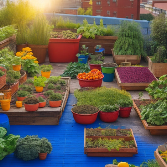 A rooftop vegetable garden with lush, vibrant plants and a variety of colorful vegetables, surrounded by different types of fertilizers and gardening tools in the foreground.