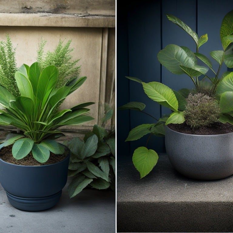 A split-screen image: a worn, cracked concrete planter on the left, overgrown with weeds, and a refreshed, modern planter on the right, with lush greenery and a sleek, smooth finish.