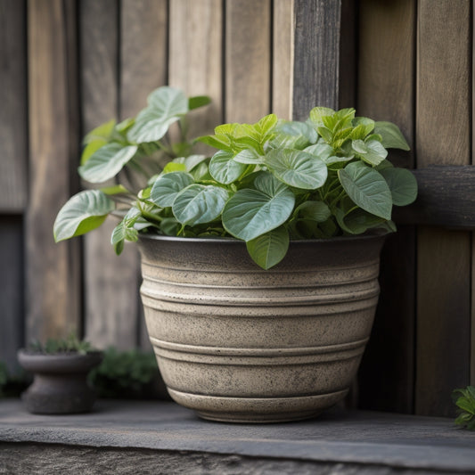 A serene, shallow ceramic planter overflowing with lush greenery, vibrant flowers, and delicate vines, set against a rustic wooden fence or stone wall backdrop, with warm sunlight casting a gentle glow.