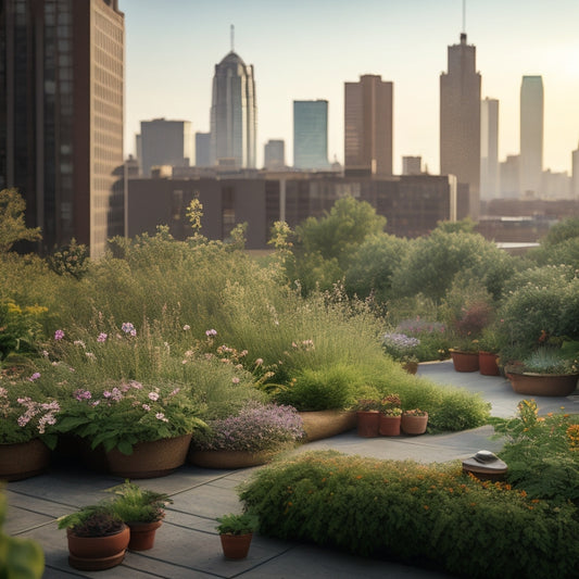 A serene rooftop garden scene with lush greenery, vibrant flowers, and a few beneficial insects like ladybugs and lacewings, amidst a subtle background of city skyscrapers.