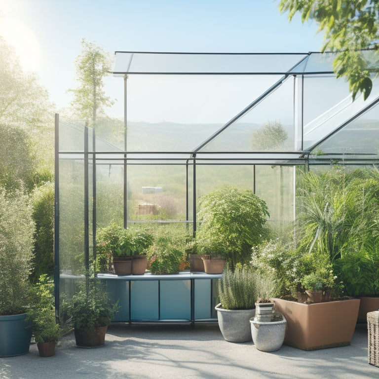 A serene rooftop scene with a compact, glazed mini greenhouse, surrounded by lush greenery, featuring a trellis, a small bench, and a few potted plants, set against a soft blue sky.