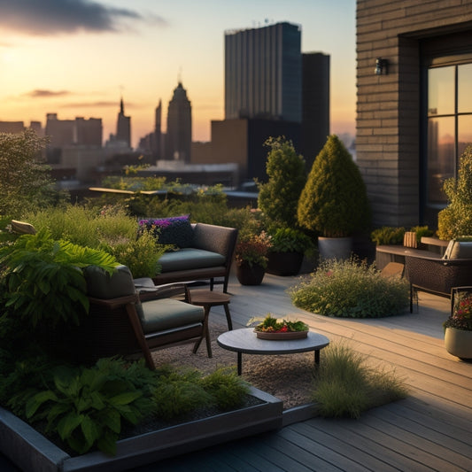 A serene rooftop garden scene with lush greenery, vibrant flowers, and a small seating area featuring a wooden bench and a glass coffee table, surrounded by a modern cityscape at sunset.