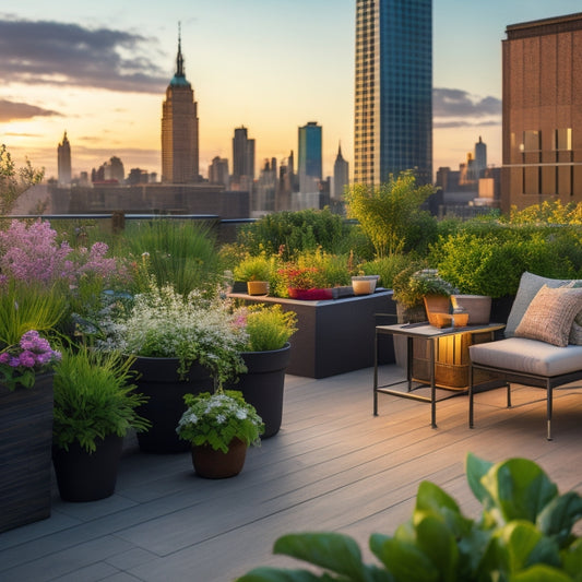 A serene rooftop garden scene at sunset with lush greenery, vibrant flowers, and a few comfortable seating areas, surrounded by a subtle cityscape in the background.