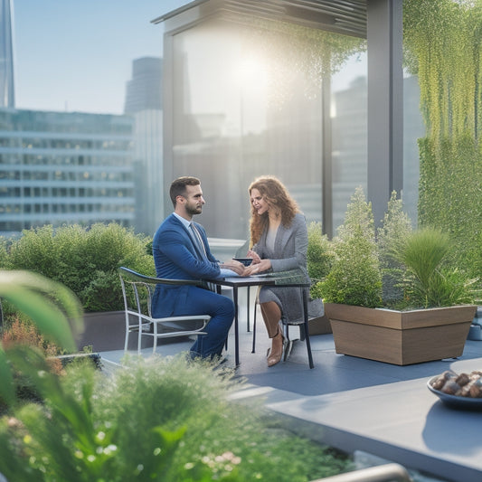 A serene rooftop office garden with lush greenery, vibrant flowers, and a few colleagues collaborating around a wooden table, surrounded by sleek, modern skyscrapers on a sunny day.