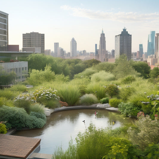 A serene, verdant rooftop garden with a variety of native plants, a small pond, and a few birds perched on branches, set against a warm, sunny cityscape backdrop with a few fluffy clouds.