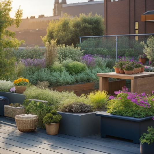 A serene rooftop garden with raised planters, soft greenery, and vibrant flowers, featuring a comfortable seating area with a wooden bench and a small, self-watering planter in the foreground.