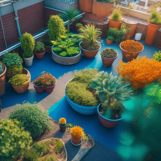 An aerial view of a lush rooftop garden with various irrigation pipes and fittings in different materials and colors, surrounded by potted plants and a cityscape in the background.