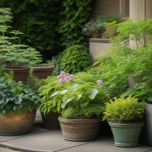 A serene shade garden scene featuring three varying-sized block planters in earthy tones, overflowing with lush, greenery and vibrant flowers, amidst a tranquil background with dappled sunlight.