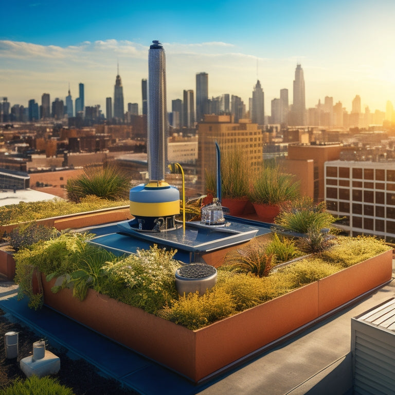 An illustration of a rooftop garden with a drip irrigation system, featuring a water tank, pump, tubing, emitters, and a timer, set against a sunny cityscape background with lush greenery.