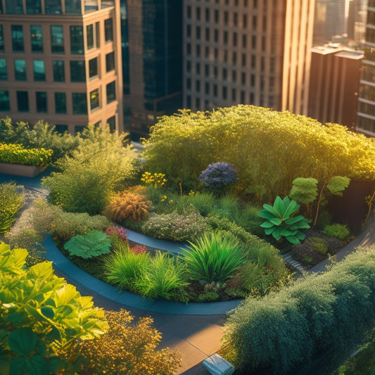 A serene, aerial illustration of a lush, verdant rooftop garden amidst a bustling cityscape, with varied plant species, meandering pathways, and sleek, modern architecture.