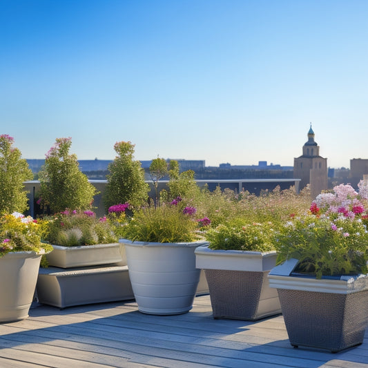 A serene rooftop garden scene with three weather-resistant planters in varying sizes, filled with lush greenery and colorful flowers, against a clear blue sky with a few wispy clouds.