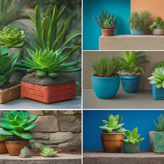 A split-screen image featuring six cinder block planters, each with a different tool or material used for decoration, such as paint, stencils, mosaic tiles, and succulents, surrounded by lush greenery.