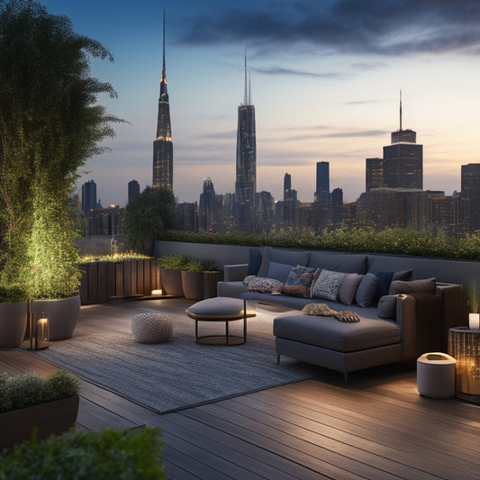 A serene rooftop oasis at dusk, with lush greenery, modern lounge seating, and sleek wooden accents, set against a warm cityscape backdrop with twinkling skyscraper lights.