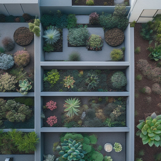 An aerial view of multiple rooftop gardens, each with a different planting medium (soil, sedum, succulents, gravel, etc.) and corresponding plant life, with varying levels of growth and color.