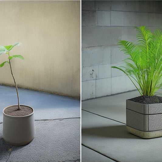 A split-screen image: on the left, a planter with a cracked concrete floor beneath it, with fine cracks spreading outward; on the right, a sturdy planter with a reinforced concrete floor, with a subtle grid pattern of rebar visible beneath the surface.