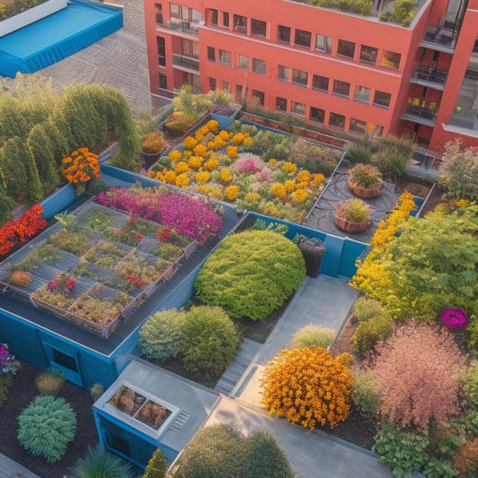 An aerial view of a lush rooftop garden with elevated beds, showcasing a network of thin, black irrigation pipes and small, round sprinkler heads amidst a vibrant tapestry of greenery and colorful flowers.