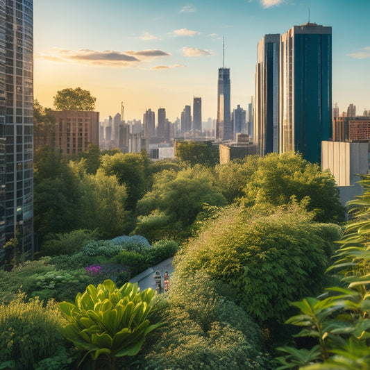 A lush, verdant rooftop garden overflowing with vibrant greenery, colorful flowers, and towering trees, set against a backdrop of towering city skyscrapers and a bright blue sky.