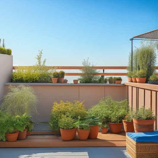 A serene rooftop scene with a lush, overflowing herb garden, terracotta pots, and a wooden trellis, surrounded by a sleek, modern railing, against a soft, sunny blue sky with a few wispy clouds.