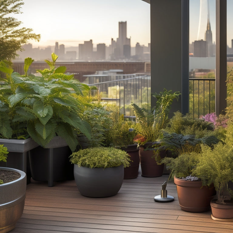 A serene rooftop garden scene with lush, varied shade-tolerant plants in pots, including ferns, peace lilies, and coleus, amidst modern cityscape views and sleek wooden decking.