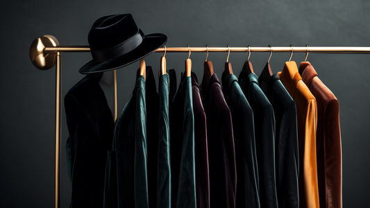 An elegant arrangement of five black velvet hangers, each showcasing a different type of clothing or accessory, such as a dress, suit, hat, or scarf