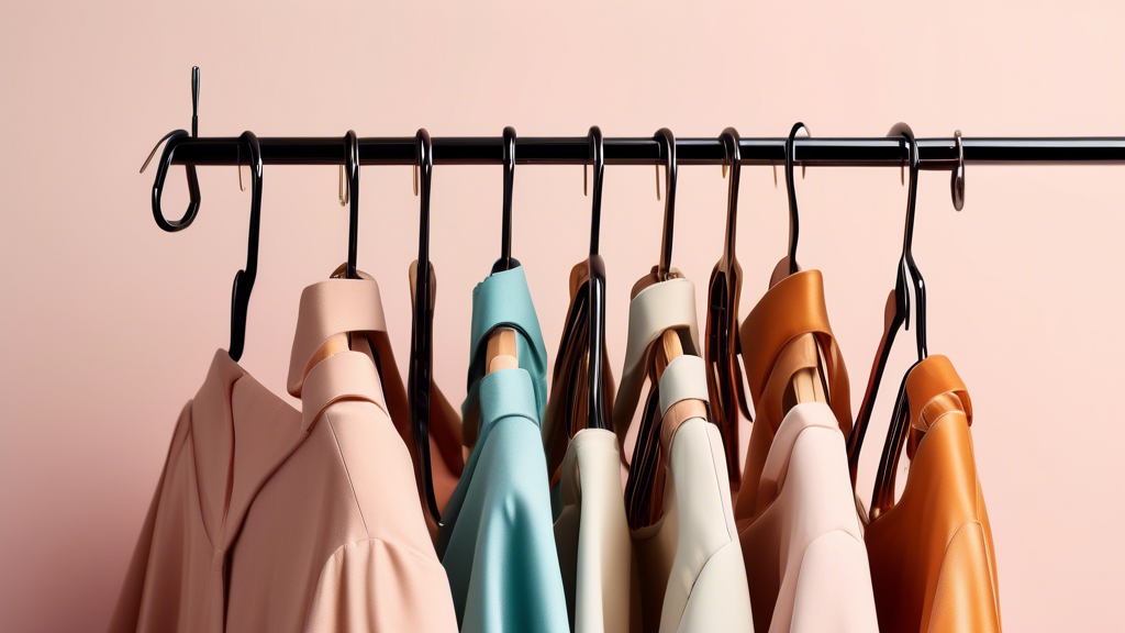 An assortment of sleek and stylish skirt hangers arranged in a visually appealing composition, featuring various hanger designs and textures for different types of skirts, showcasing their ability to 