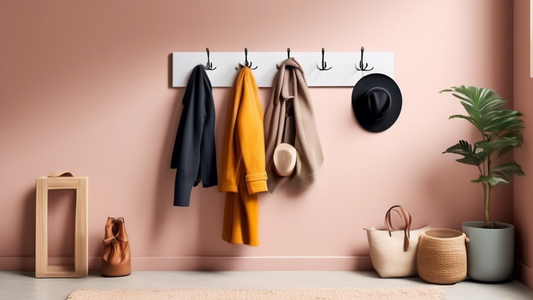 A stylish and modern coat rack with multiple hooks, mounted on a wall in a hallway or entryway, surrounded by hats, scarves, and other accessories.