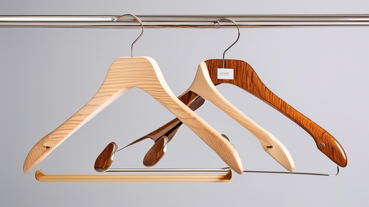 A collection of premium-quality hangers in various styles and materials, suspended in mid-air against a light gray background. The hangers showcase diverse designs and finishes, including wooden hange