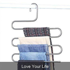 DS Pants Hangers S-Shape Trousers Hangers Stainless Steel Clothes Hangers Closet Space Saving for Pants Jeans Scarf Hanging Silver (4 Pack with 10 Clips)