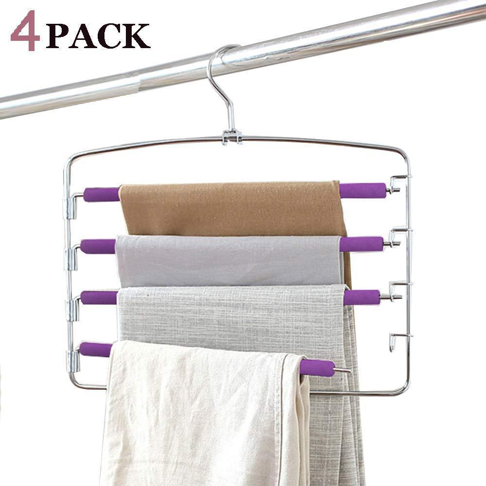 Clothes Pants Hangers 2pack - Multi Layers Metal Pant Slack Hangers,Foam Padded Swing Arm Pants Hangers Closet Storage Organizer for Pants Jeans Scarf Hanging (Purple-4pack)