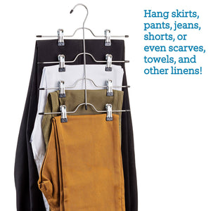 ZOBER Space Saving 4 Tier Trouser Skirt Hanger (Set of 3) Sturdy Luxurious Chrome with Non Slip Black Vinyl Clips, Multi Pants Hanger for Skirts, Pants, Slacks, Jeans, and More.